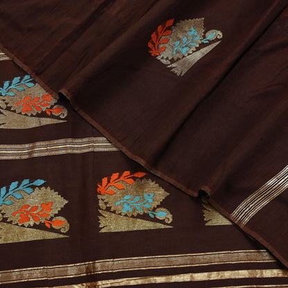 Indian Vintage Sari Brown Pure Silk Hand Woven Sarees Craft Fabric 5Yd Sewing Ethnic Floral Dress making For Crafting Quilting Upcycle