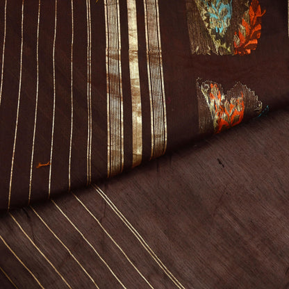 Indian Vintage Sari Brown Pure Silk Hand Woven Sarees Craft Fabric 5Yd Sewing Ethnic Floral Dress making For Crafting Quilting Upcycle
