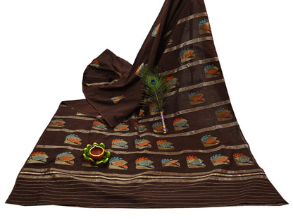 Indian Vintage Sari Brown Pure Silk Hand Woven Sarees Craft Fabric 5Yd Sewing Ethnic Floral Dress making For Crafting Quilting Upcycle