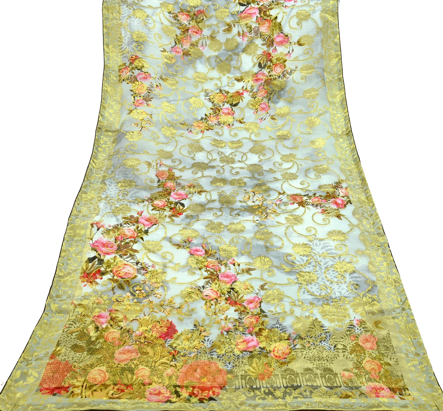Indian Vintage Dupatta Gray Long Stole Blend Georgette Digital Printed Scarves Veil Hijab Wrap Floral Golden Zari