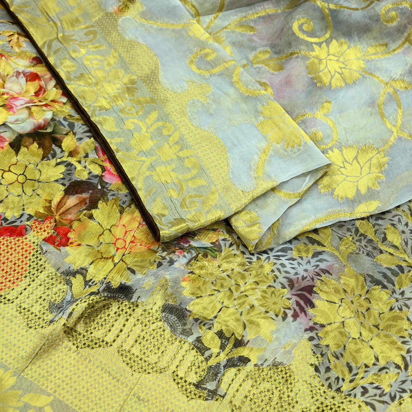 Indian Vintage Dupatta Gray Long Stole Blend Georgette Digital Printed Scarves Veil Hijab Wrap Floral Golden Zari