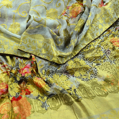 Indian Vintage Dupatta Gray Long Stole Blend Georgette Digital Printed Scarves Veil Hijab Wrap Floral Golden Zari