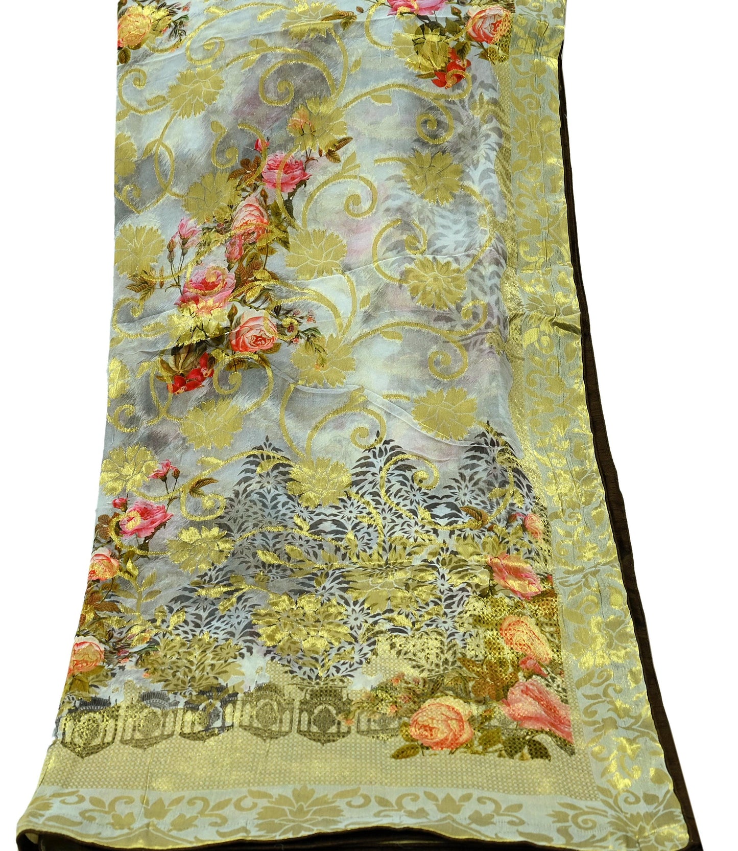 Indian Vintage Dupatta Gray Long Stole Blend Georgette Digital Printed Scarves Veil Hijab Wrap Floral Golden Zari