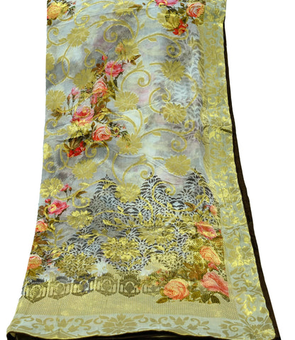 Indian Vintage Dupatta Gray Long Stole Blend Georgette Digital Printed Scarves Veil Hijab Wrap Floral Golden Zari