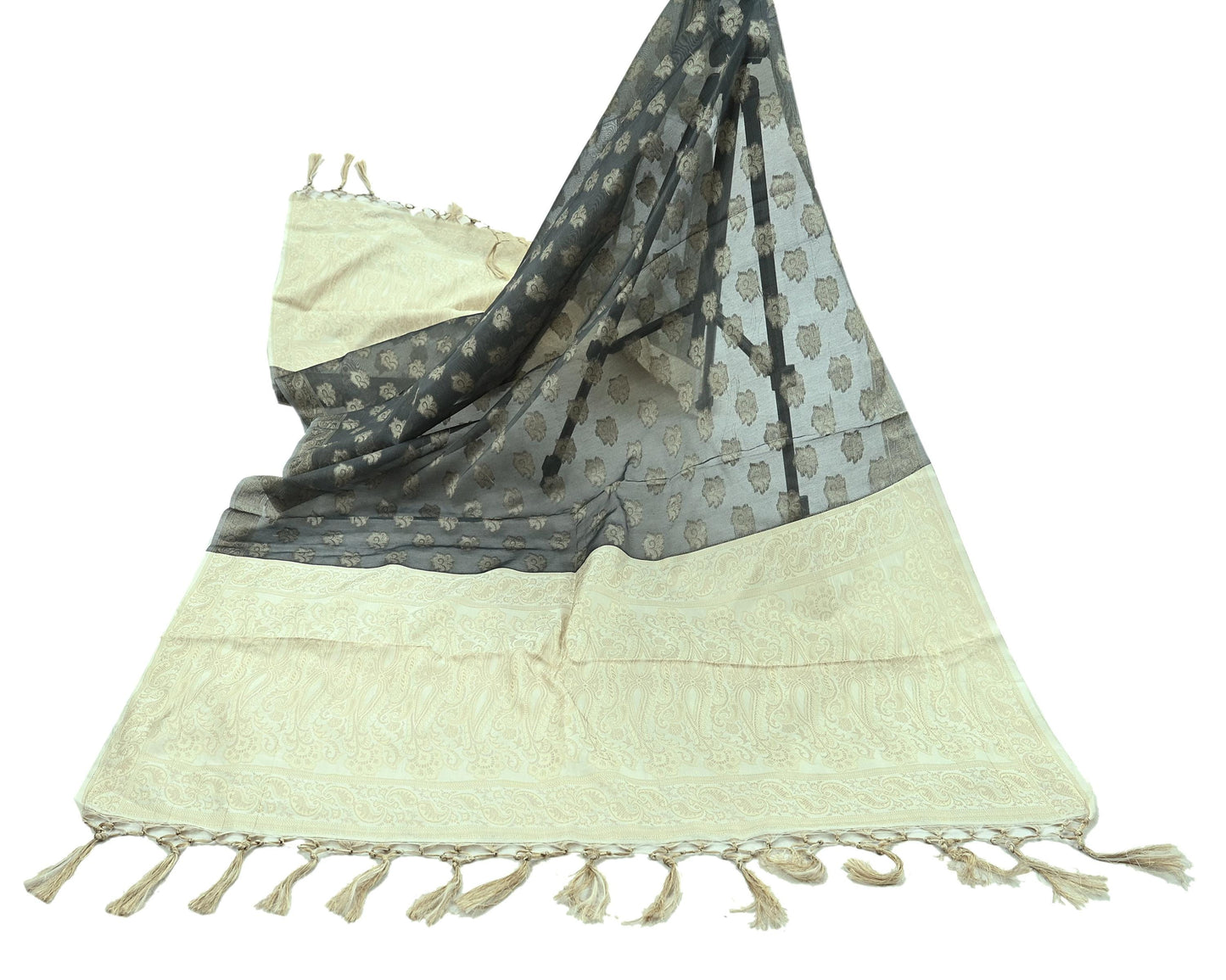 Indian Vintage Dupatta Gray & Ivory Long Stole Artificial Silk Woven Brocade Scarves Veil Scarf Wrap Hippie Boho Soft Floral