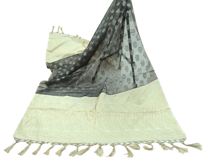 Indian Vintage Dupatta Gray & Ivory Long Stole Artificial Silk Woven Brocade Scarves Veil Scarf Wrap Hippie Boho Soft Floral