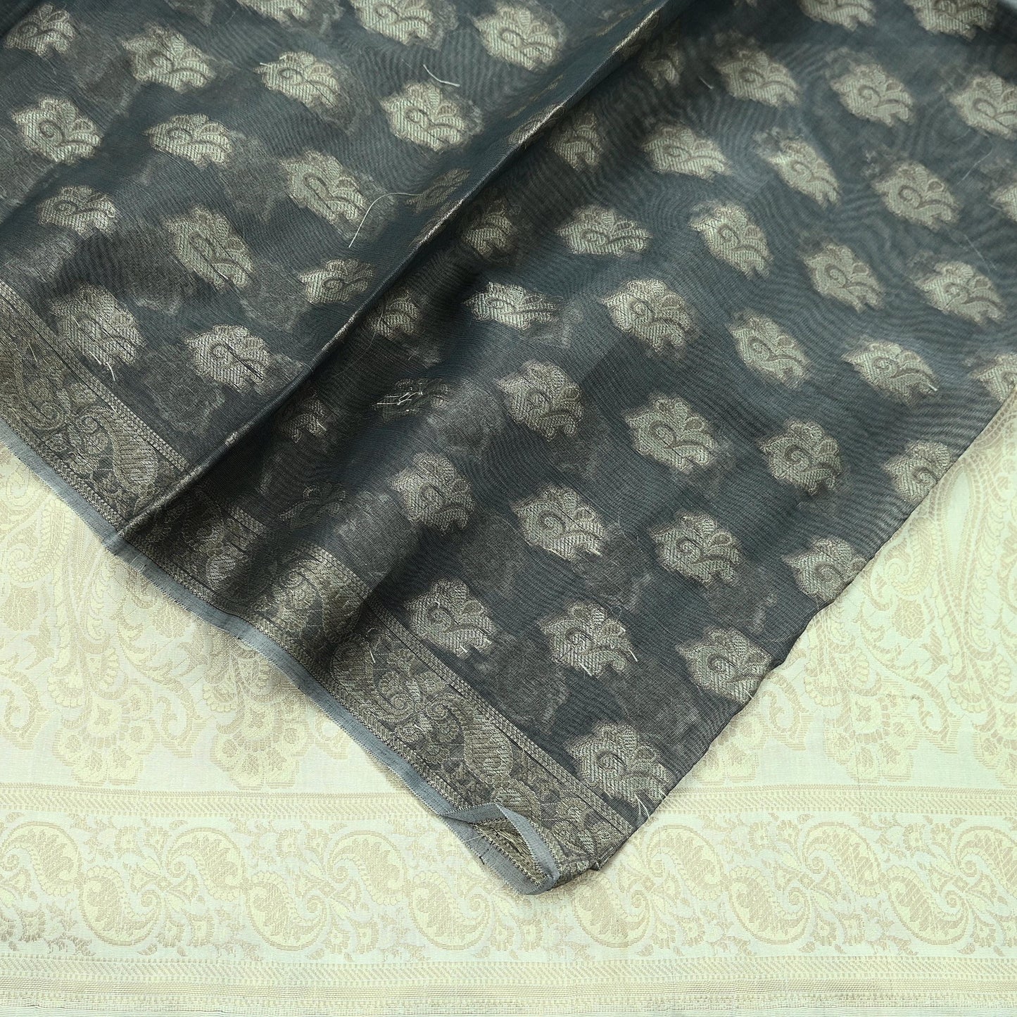 Indian Vintage Dupatta Gray & Ivory Long Stole Artificial Silk Woven Brocade Scarves Veil Scarf Wrap Hippie Boho Soft Floral