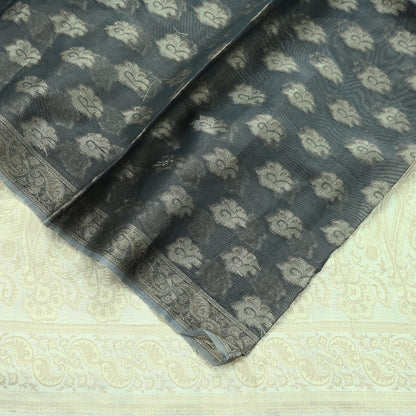 Indian Vintage Dupatta Gray & Ivory Long Stole Artificial Silk Woven Brocade Scarves Veil Scarf Wrap Hippie Boho Soft Floral