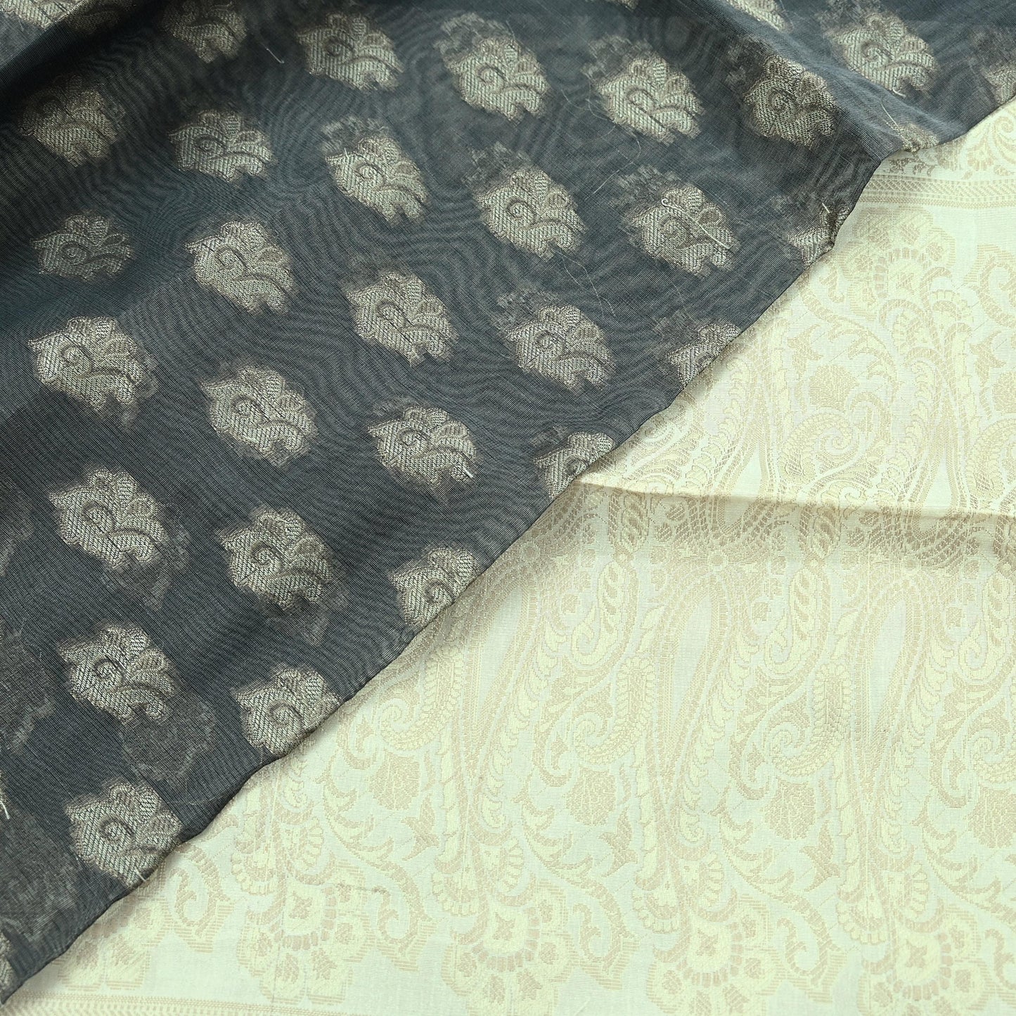 Indian Vintage Dupatta Gray & Ivory Long Stole Artificial Silk Woven Brocade Scarves Veil Scarf Wrap Hippie Boho Soft Floral
