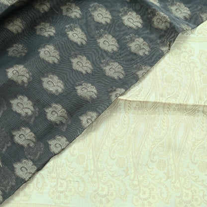 Indian Vintage Dupatta Gray & Ivory Long Stole Artificial Silk Woven Brocade Scarves Veil Scarf Wrap Hippie Boho Soft Floral
