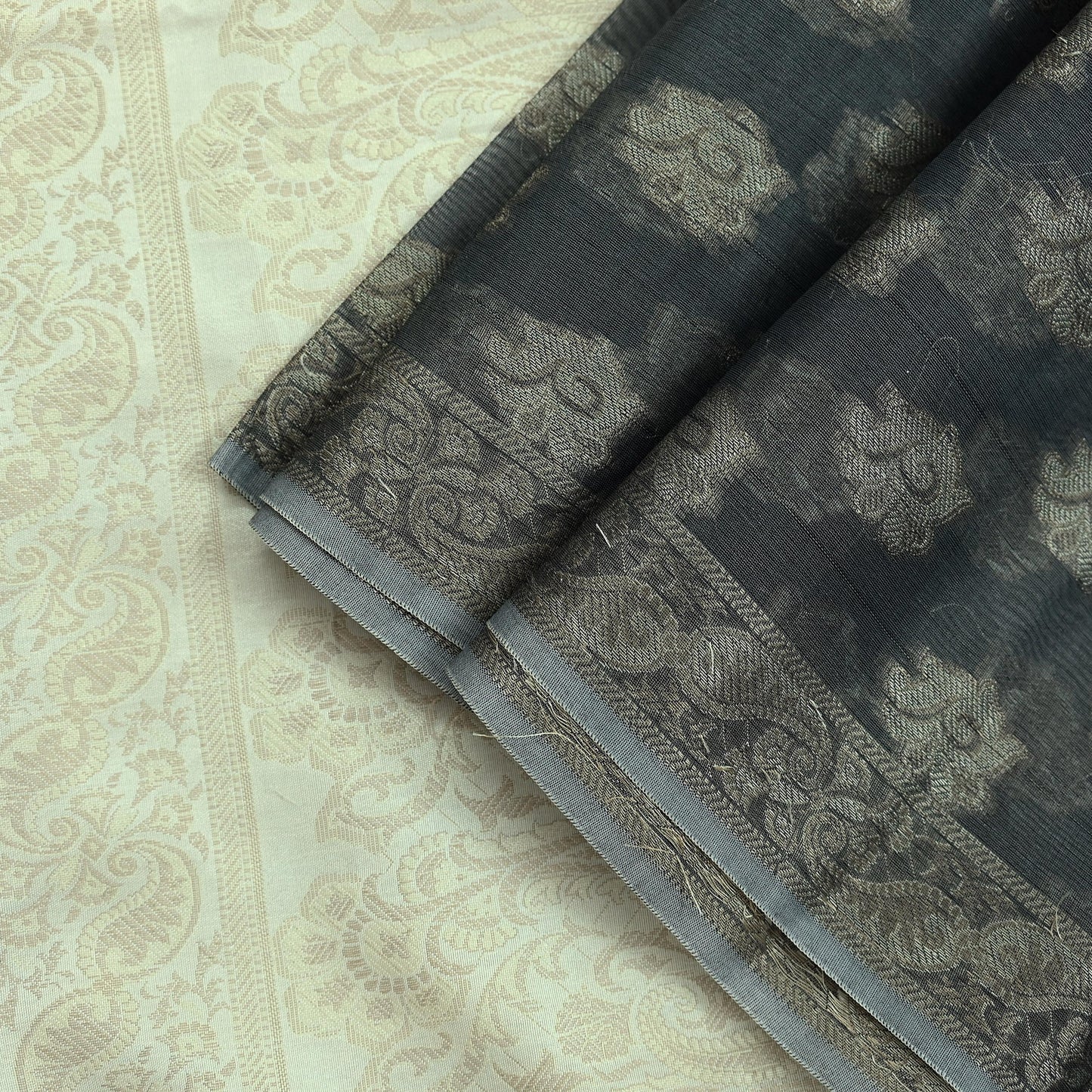 Indian Vintage Dupatta Gray & Ivory Long Stole Artificial Silk Woven Brocade Scarves Veil Scarf Wrap Hippie Boho Soft Floral