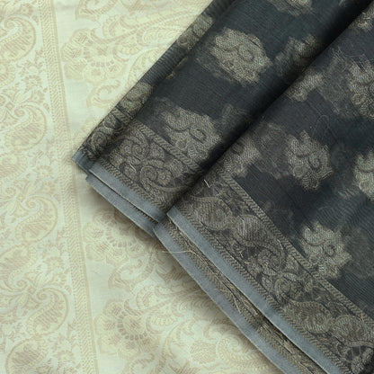 Indian Vintage Dupatta Gray & Ivory Long Stole Artificial Silk Woven Brocade Scarves Veil Scarf Wrap Hippie Boho Soft Floral