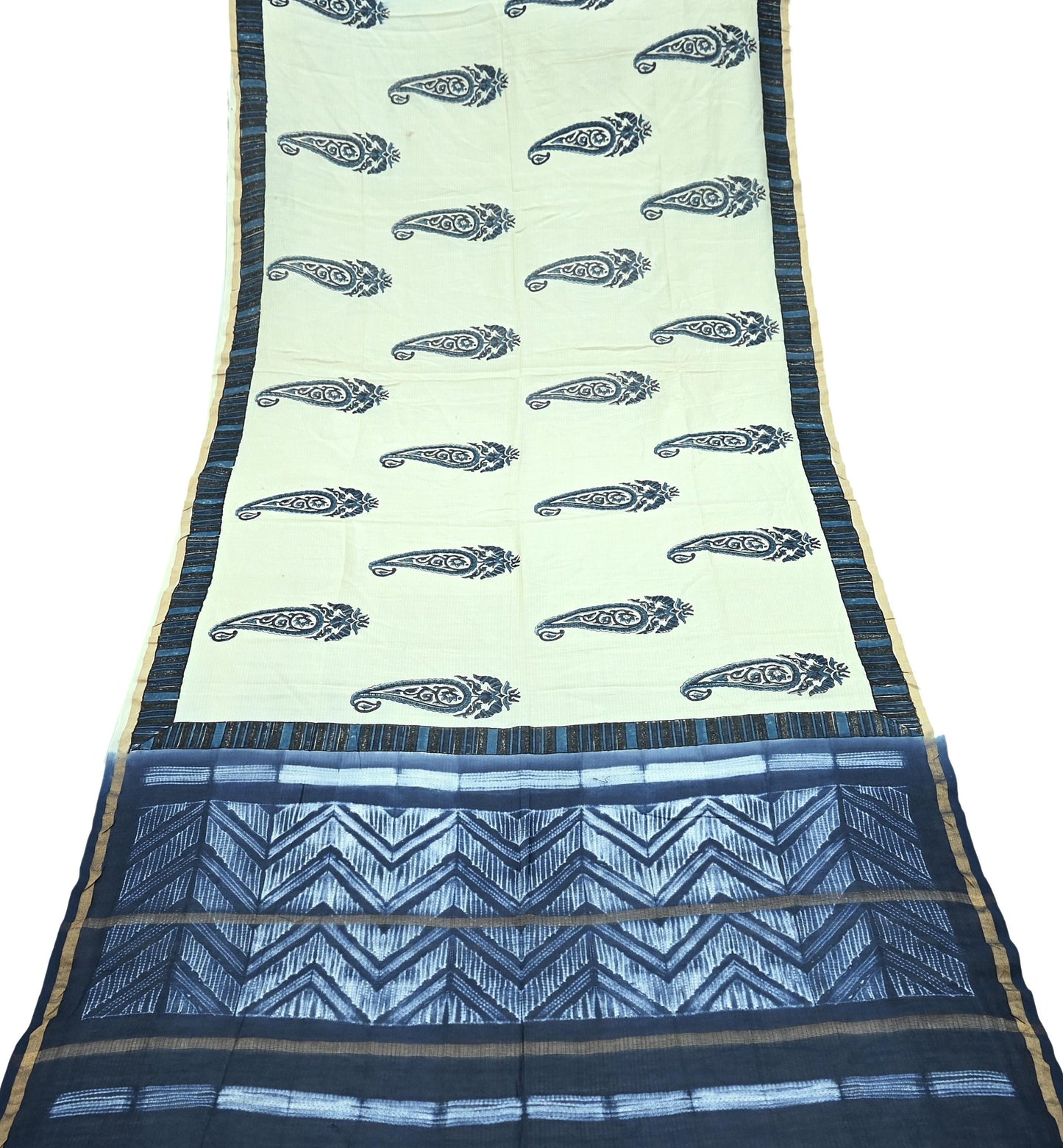 Indian Vintage Blue & Ivory Dupatta Long Stole Hand Block Print Pure Chanderi Silk Scarves Veil Golden Zari