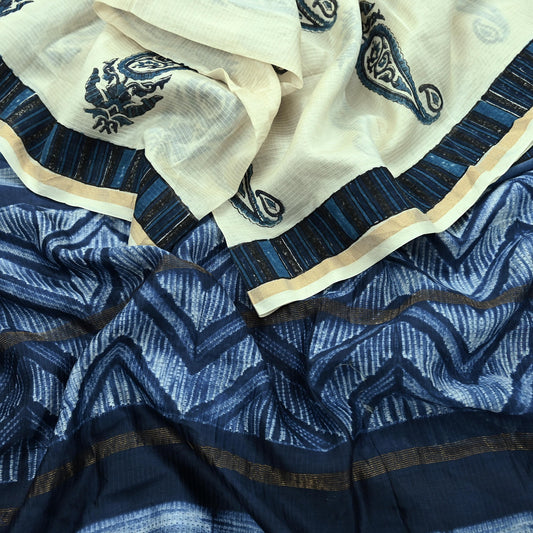 Indian Vintage Blue & Ivory Dupatta Long Stole Hand Block Print Pure Chanderi Silk Scarves Veil Golden Zari