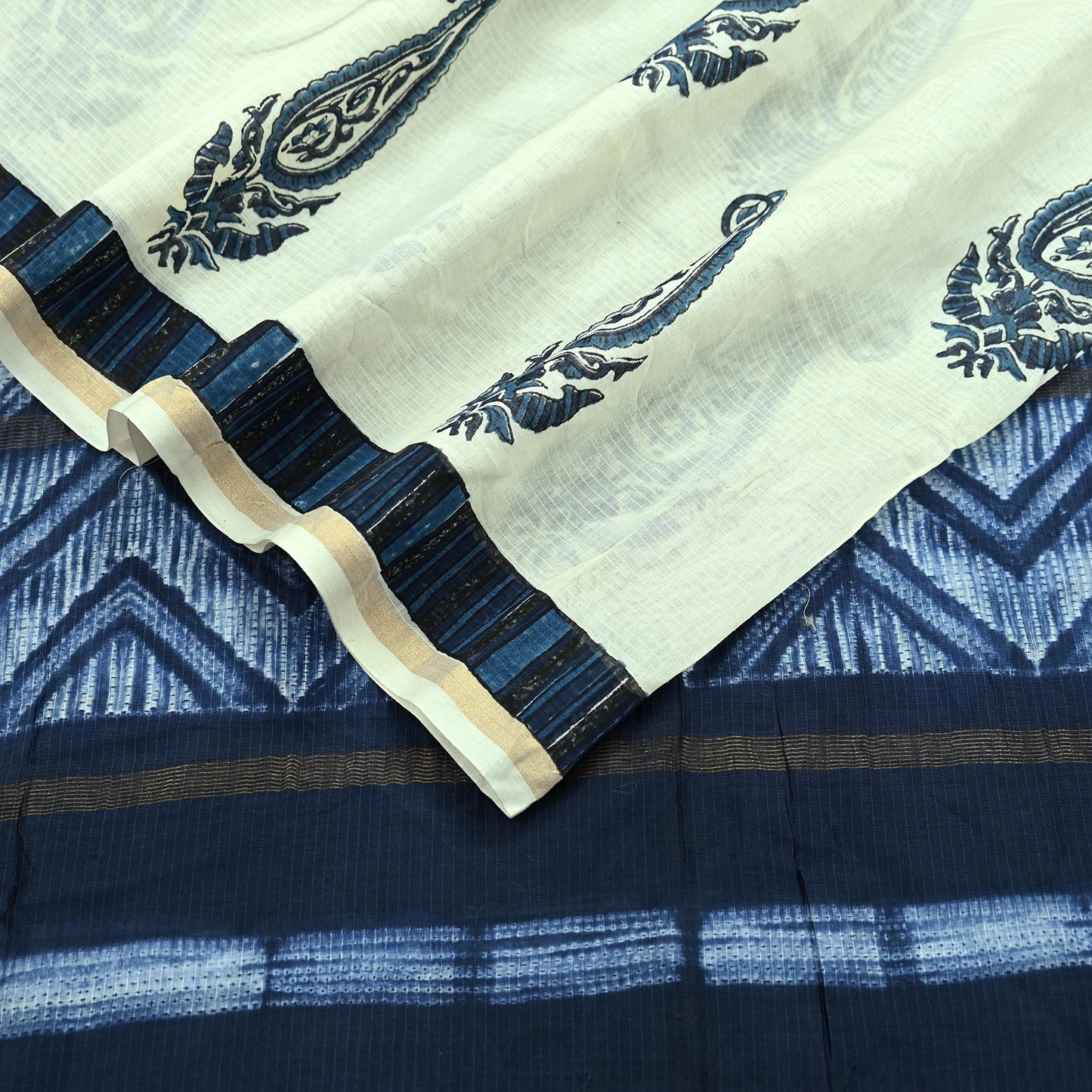 Indian Vintage Blue & Ivory Dupatta Long Stole Hand Block Print Pure Chanderi Silk Scarves Veil Golden Zari
