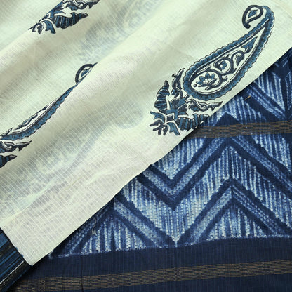 Indian Vintage Blue & Ivory Dupatta Long Stole Hand Block Print Pure Chanderi Silk Scarves Veil Golden Zari