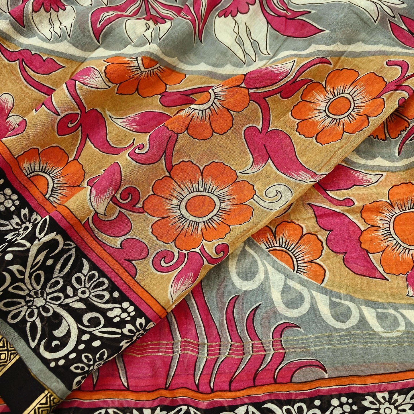 Indian Vintage Dupatta Multi Long Stole Block Print Pure Chanderi Silk Scarves Veil Zari Wrap Hijab