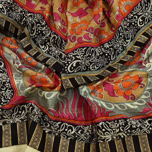 Indian Vintage Dupatta Multi Long Stole Block Print Pure Chanderi Silk Scarves Veil Zari Wrap Hijab
