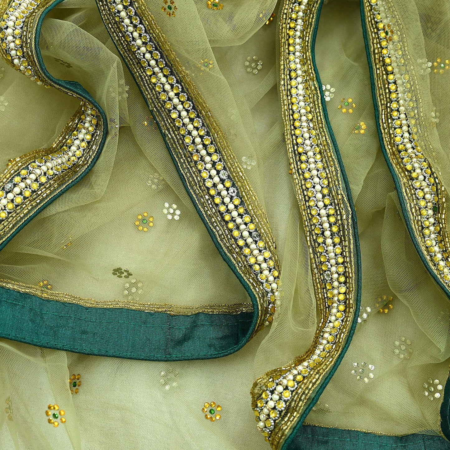 Indian Vintage Heavy Bridal Dupatta Green Net Mesh Long Stole Hand Embroidered Scarf Zardozi Zari Sequins Wedding/Party wear hijab veil