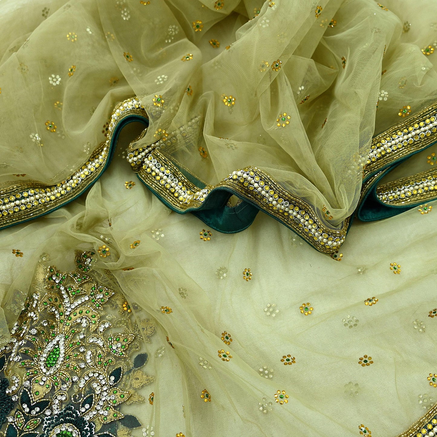 Indian Vintage Heavy Bridal Dupatta Green Net Mesh Long Stole Hand Embroidered Scarf Zardozi Zari Sequins Wedding/Party wear hijab veil