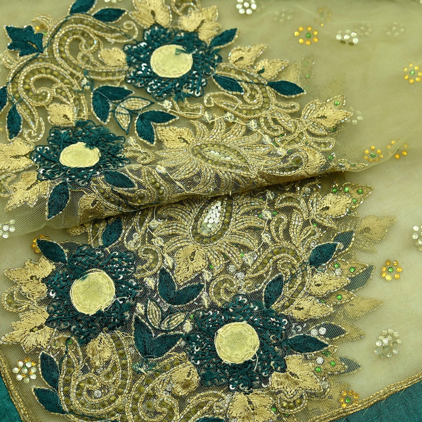 Indian Vintage Heavy Bridal Dupatta Green Net Mesh Long Stole Hand Embroidered Scarf Zardozi Zari Sequins Wedding/Party wear hijab veil