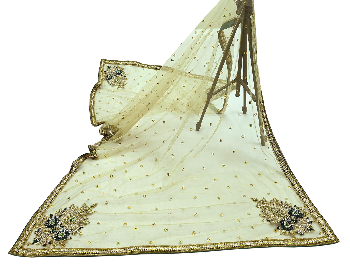 Indian Vintage Heavy Bridal Dupatta Green Net Mesh Long Stole Hand Embroidered Scarf Zardozi Zari Sequins Wedding/Party wear hijab veil