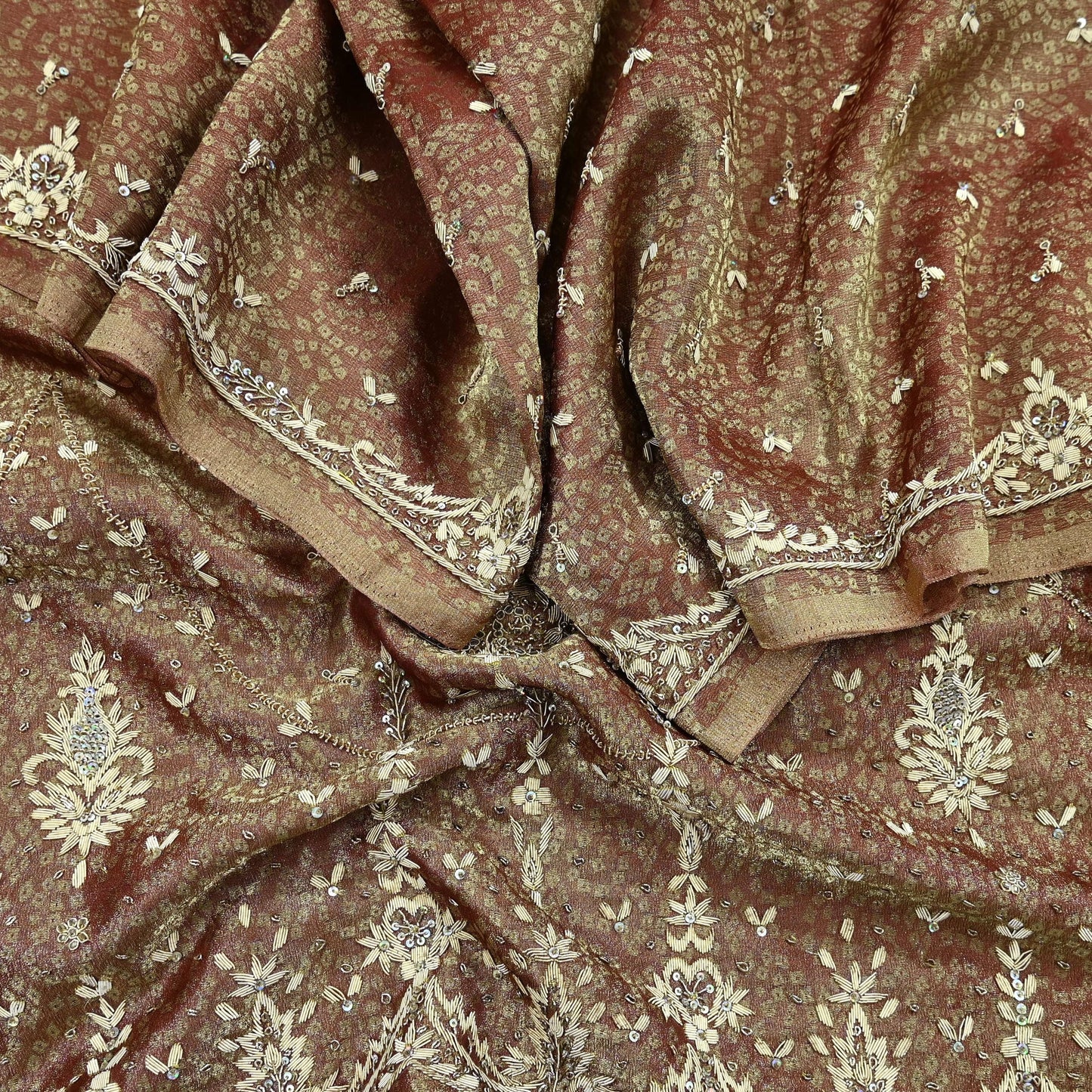 Indian Vintage Heavy Bridal Dupatta Golden Maroon Pure Tissue Silk Long Stole Hand Embroidered Scarves Zari Zardozi/Dabka Wedding Hijab