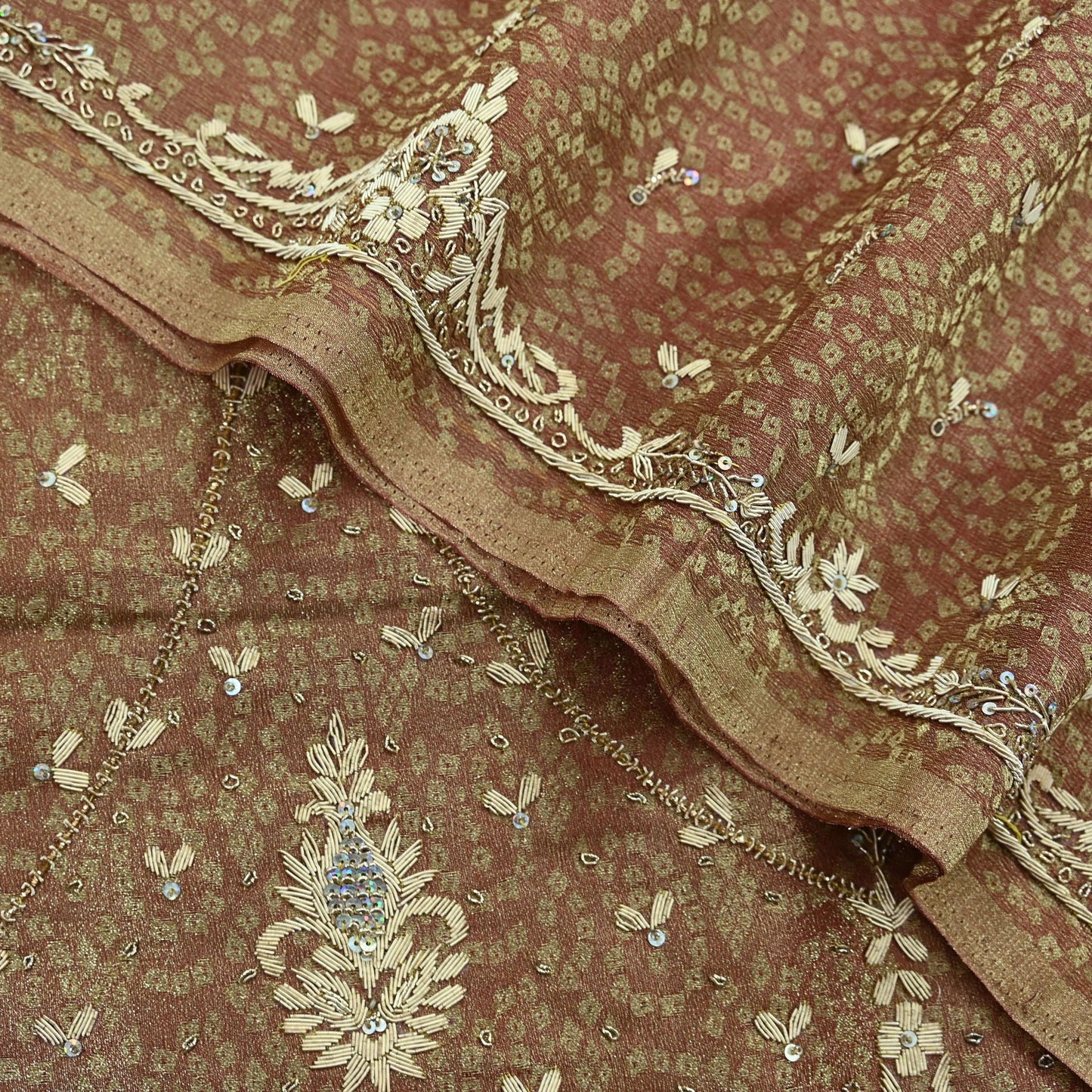 Indian Vintage Heavy Bridal Dupatta Golden Maroon Pure Tissue Silk Long Stole Hand Embroidered Scarves Zari Zardozi/Dabka Wedding Hijab