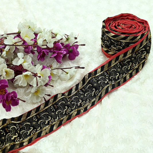 Indian Vintage Sari Border Hand Embroidered Craft 1yd Trim Lace Sewing Pure Georgette Silk Ribbon Recycled Zardozi