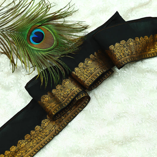 Indian Vintage Black Sari Border Woven Banarasi Brocade Trim Craft Sewing Recycled Golden Zari Pure Silk Home Decor Crafting Dress Making