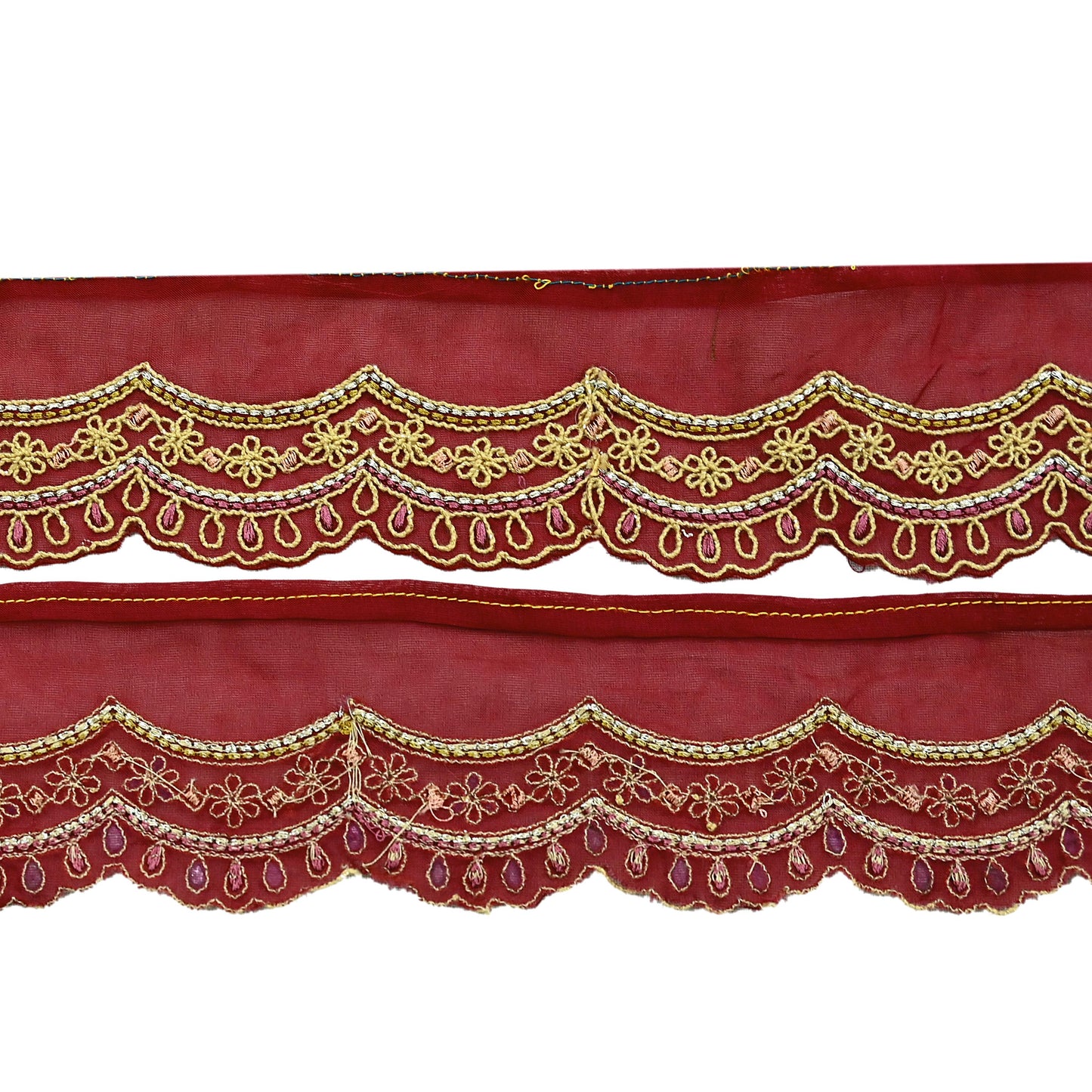 Indian Vintage Pink Sari Border Hand Embroidered Craft Trim Lace Sewing Pure Georgette Silk Ribbon Recycled Zari