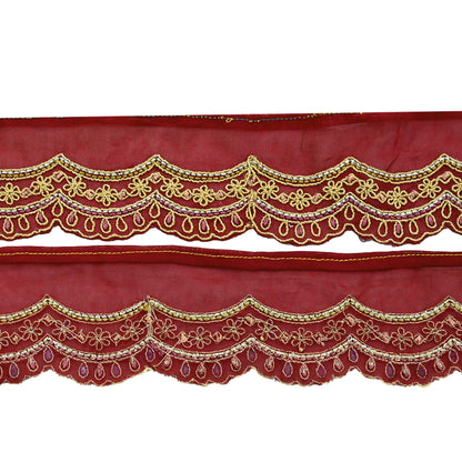 Indian Vintage Pink Sari Border Hand Embroidered Craft Trim Lace Sewing Pure Georgette Silk Ribbon Recycled Zari