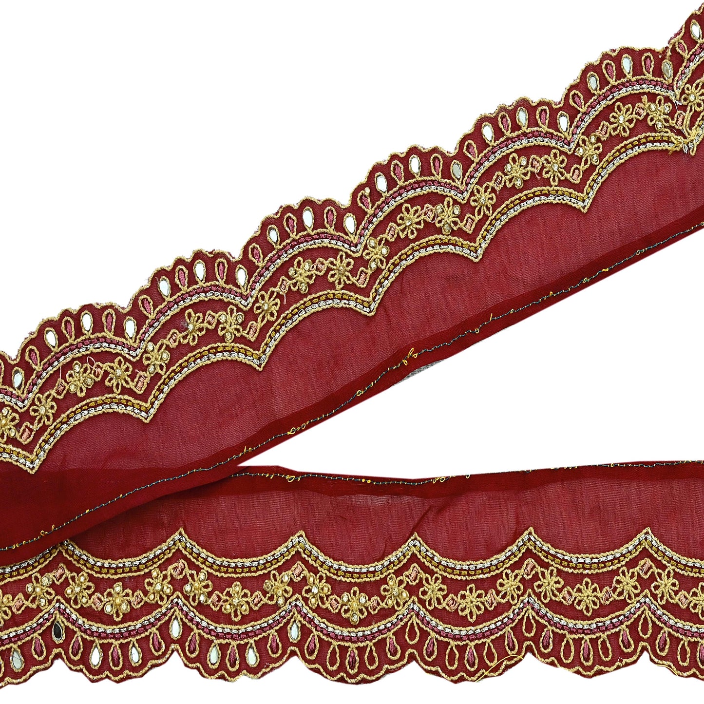 Indian Vintage Pink Sari Border Hand Embroidered Craft Trim Lace Sewing Pure Georgette Silk Ribbon Recycled Zari