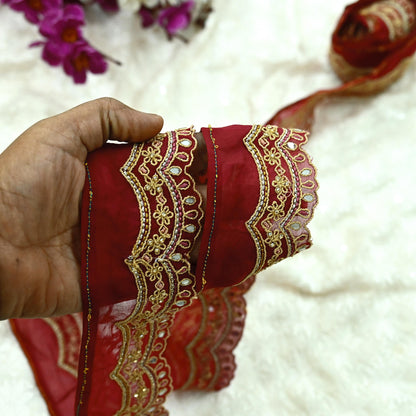 Indian Vintage Pink Sari Border Hand Embroidered Craft Trim Lace Sewing Pure Georgette Silk Ribbon Recycled Zari