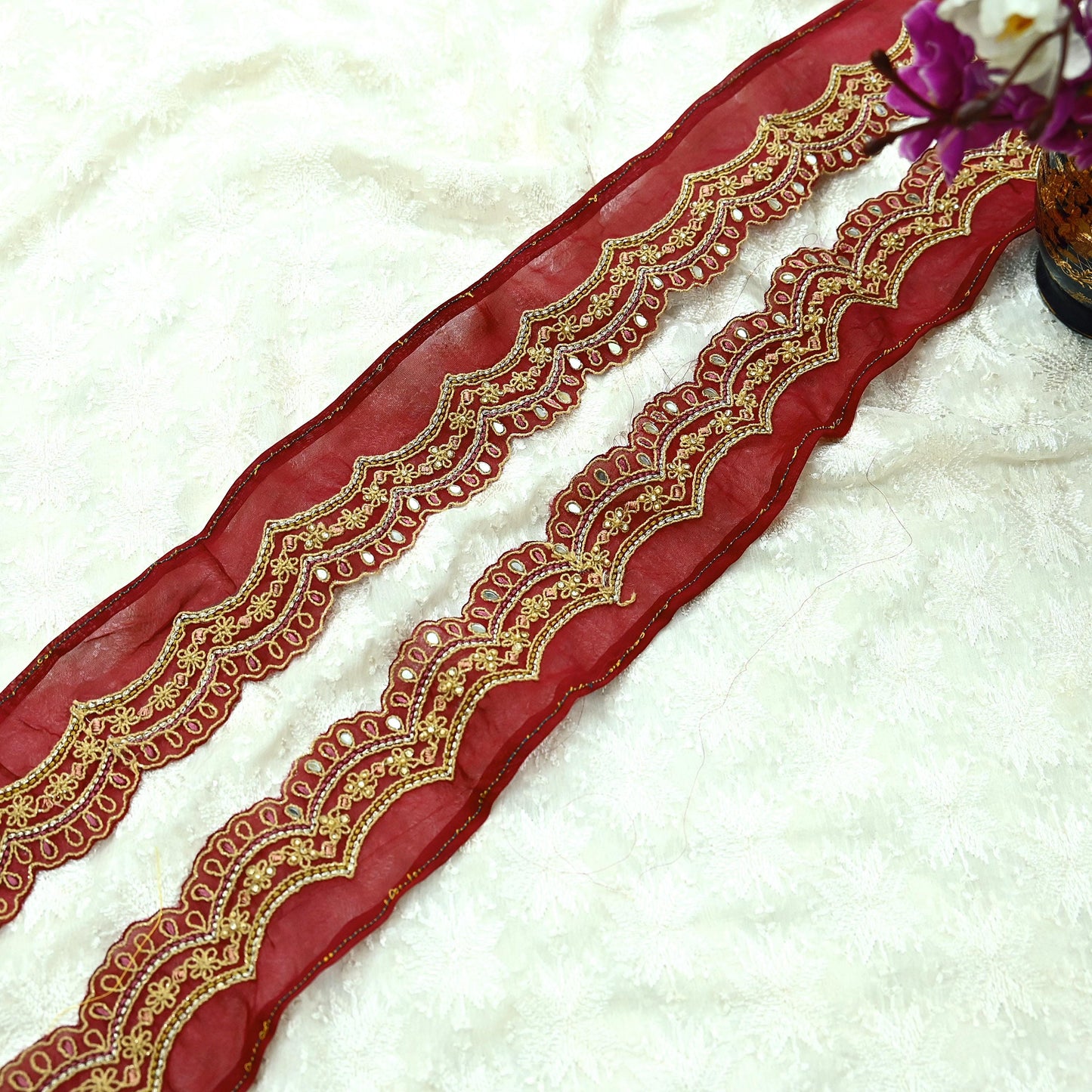 Indian Vintage Pink Sari Border Hand Embroidered Craft Trim Lace Sewing Pure Georgette Silk Ribbon Recycled Zari