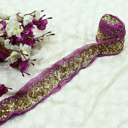 Indian Vintage Purple Sari Border Pure Chiffon Silk Hand Embroidered 1yd Craft Trim Lace Sewing Sari Ribbon Recycled Dress making Zardozi