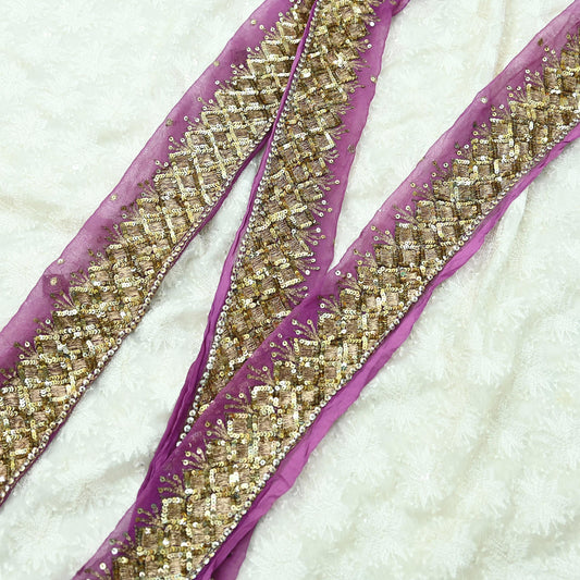 Indian Vintage Purple Sari Border Pure Chiffon Silk Hand Embroidered 1yd Craft Trim Lace Sewing Sari Ribbon Recycled Dress making Zardozi