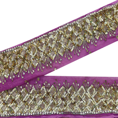 Indian Vintage Purple Sari Border Pure Chiffon Silk Hand Embroidered 1yd Craft Trim Lace Sewing Sari Ribbon Recycled Dress making Zardozi