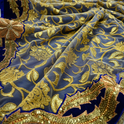Indian Pre-owned Saree Blue Pure Georgette Silk & Net Hand Embroidered Sabyasachi Designer Sari 6Yd Soft Ethnic Bollywood Party saree