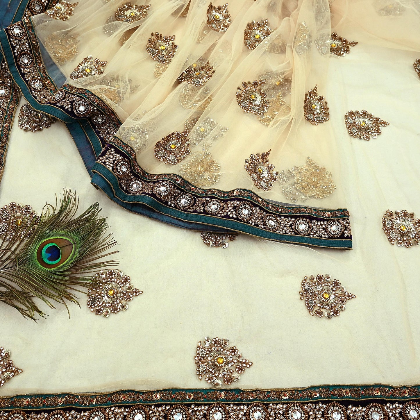 Indian Pre-owned Saree Pale Peach Mesh/Net Hand Embroidered Sabyasachi Designer Sari 6Yd Soft Ethnic Bollywood Party saree