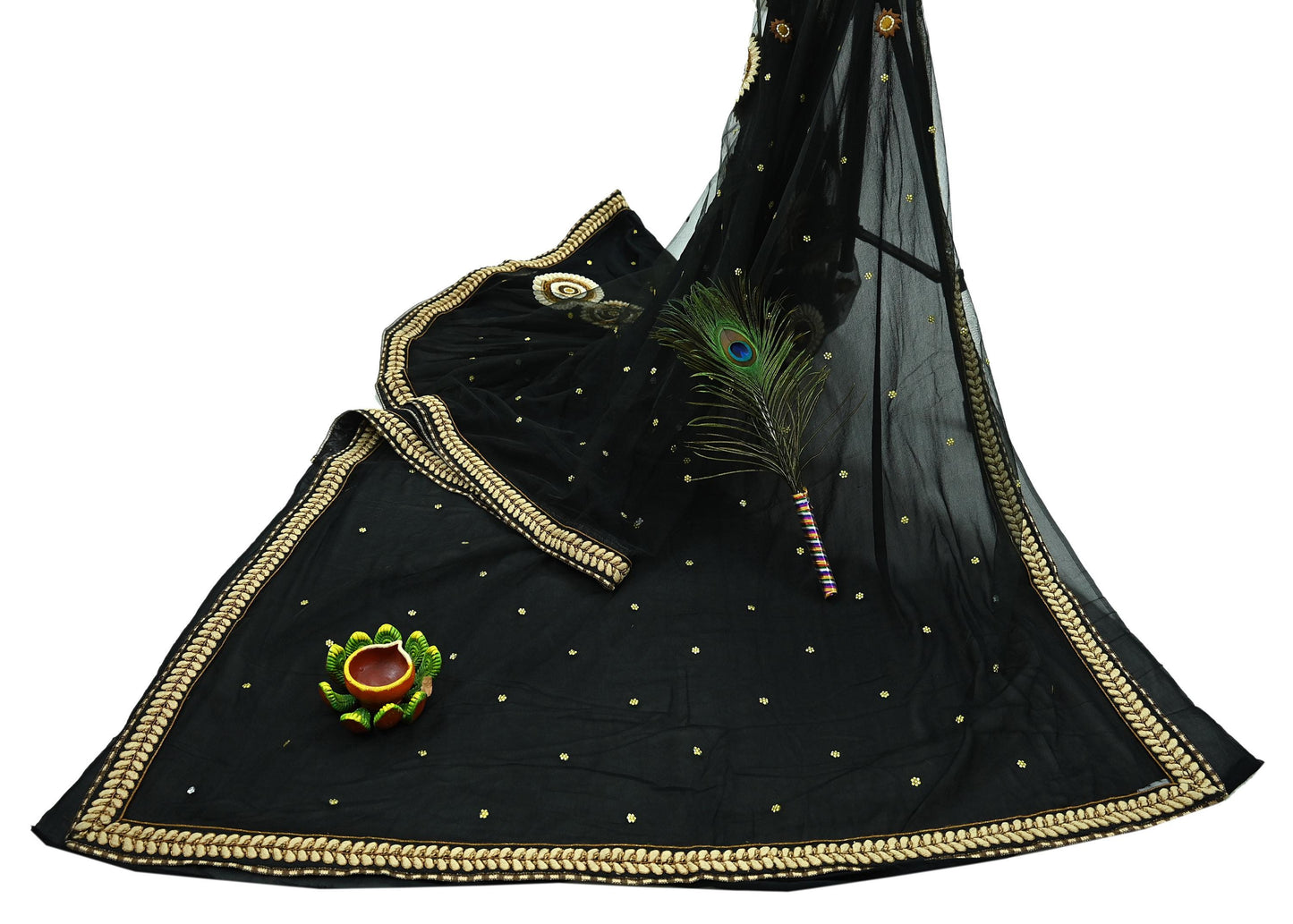 Indian Pre-owned Saree Black Pure Georgette Silk & Net Hand Embroidered Sabyasachi Designer Sari 6Yd Soft Ethnic Bollywood Party saree