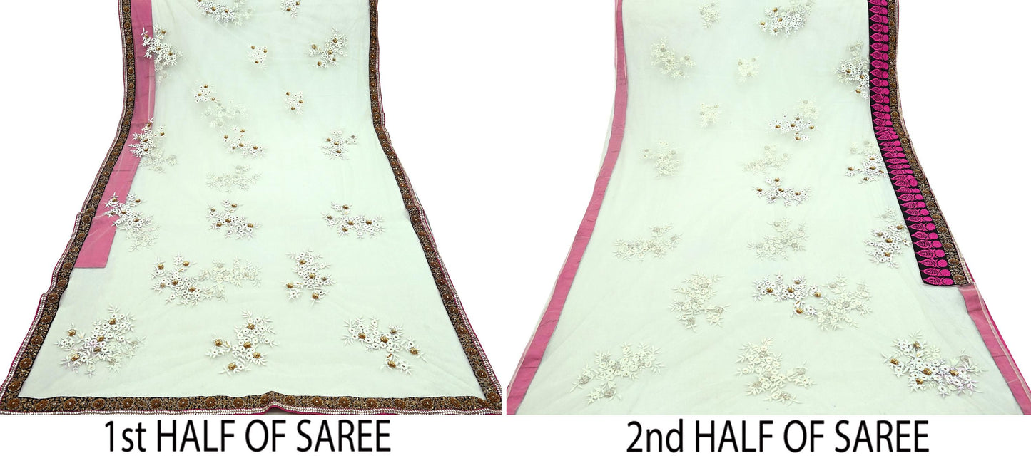 Indian Pre-owned Saree White Mesh/Net Hand Embroidered Sabyasachi Designer Sari 5Yd Soft Ethnic Bollywood Party saree