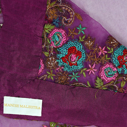 Indian Pre-Owned Sari Purple Net/Mesh Hand Embroidered Designer Manish Malhotra Sarees 6Yd Ethnic Zardozi/Dabka Zari Wedding Saree