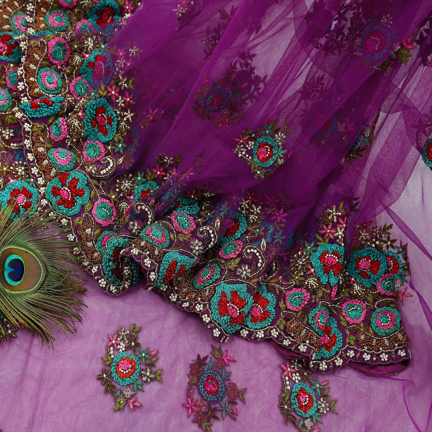 Indian Pre-Owned Sari Purple Net/Mesh Hand Embroidered Designer Manish Malhotra Sarees 6Yd Ethnic Zardozi/Dabka Zari Wedding Saree