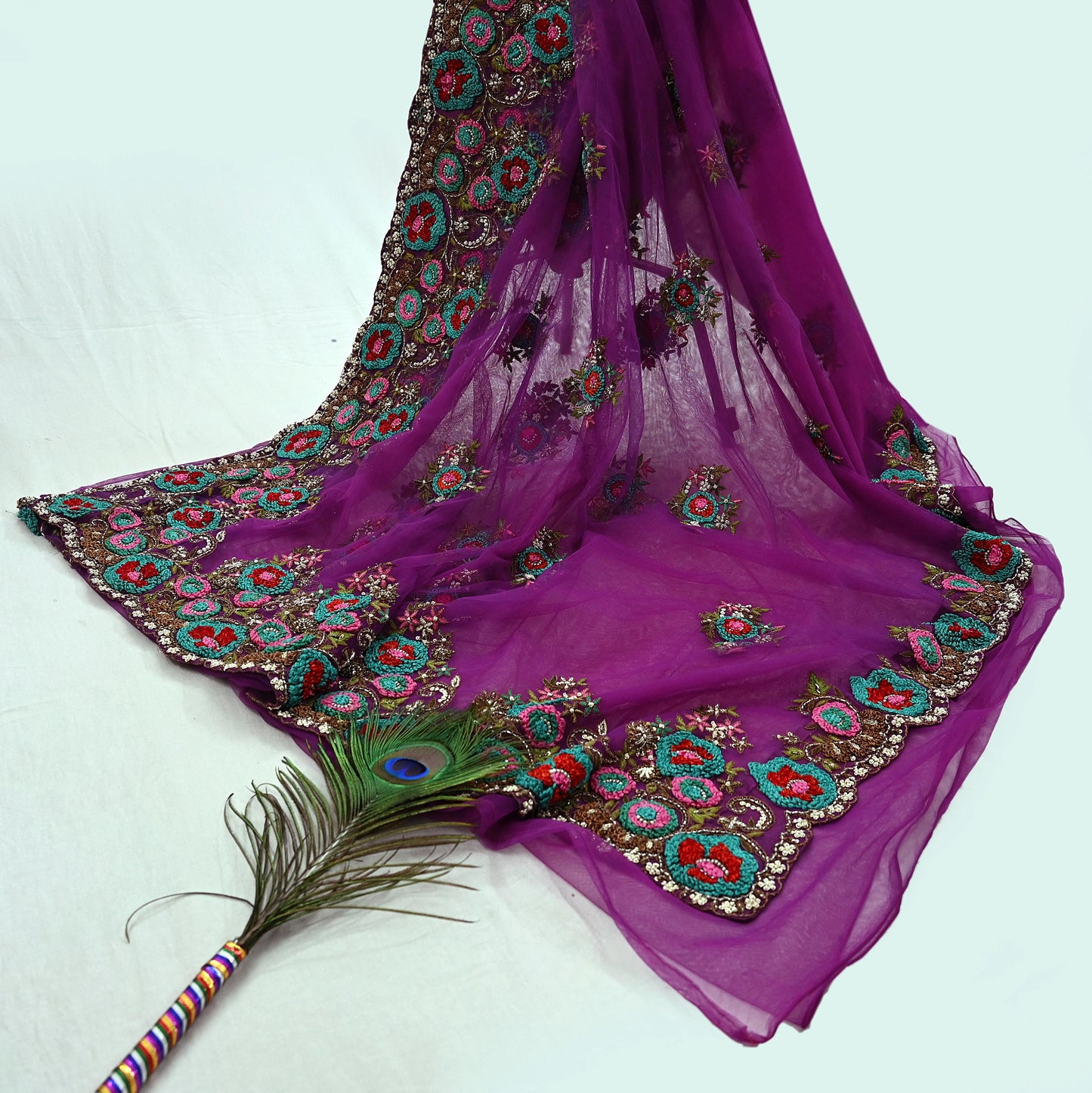 Indian Pre-Owned Sari Purple Net/Mesh Hand Embroidered Designer Manish Malhotra Sarees 6Yd Ethnic Zardozi/Dabka Zari Wedding Saree