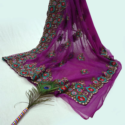 Indian Pre-Owned Sari Purple Net/Mesh Hand Embroidered Designer Manish Malhotra Sarees 6Yd Ethnic Zardozi/Dabka Zari Wedding Saree