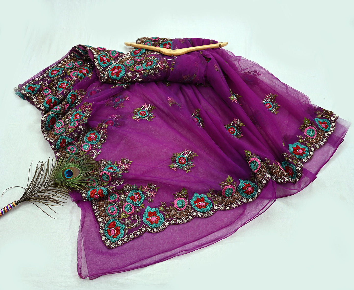 Indian Pre-Owned Sari Purple Net/Mesh Hand Embroidered Designer Manish Malhotra Sarees 6Yd Ethnic Zardozi/Dabka Zari Wedding Saree