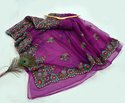 Indian Pre-Owned Sari Purple Net/Mesh Hand Embroidered Designer Manish Malhotra Sarees 6Yd Ethnic Zardozi/Dabka Zari Wedding Saree