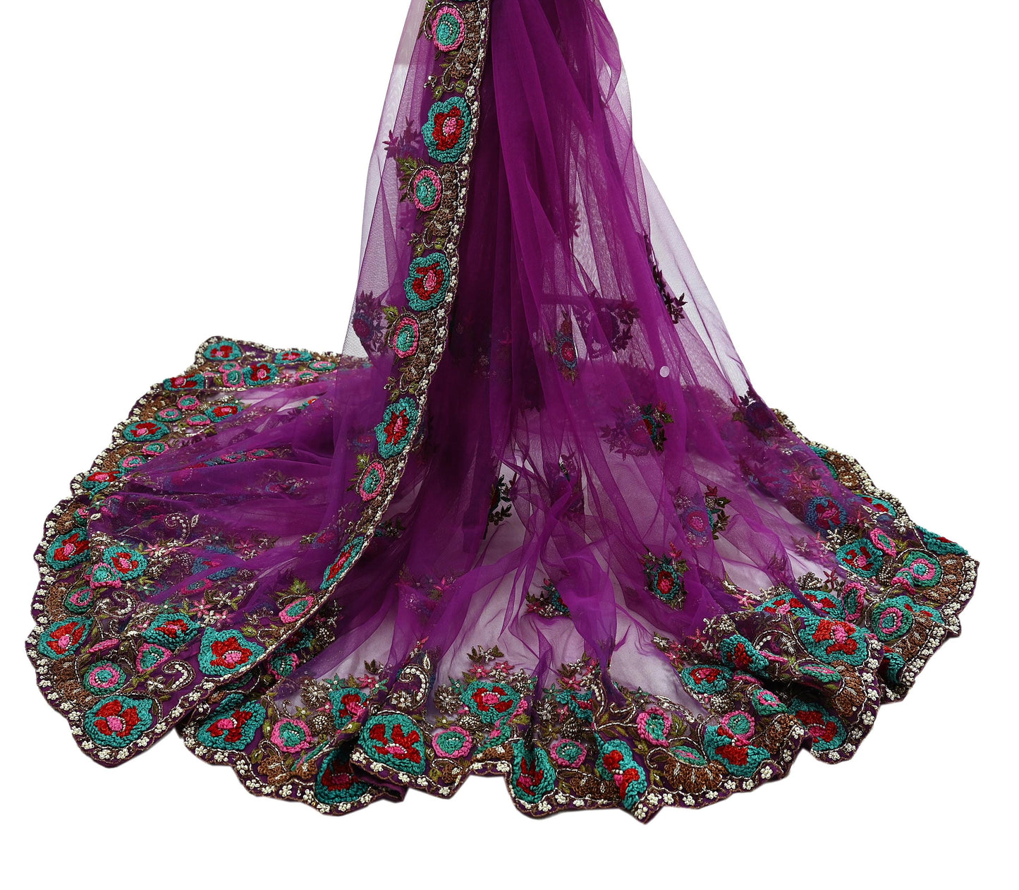 Indian Pre-Owned Sari Purple Net/Mesh Hand Embroidered Designer Manish Malhotra Sarees 6Yd Ethnic Zardozi/Dabka Zari Wedding Saree