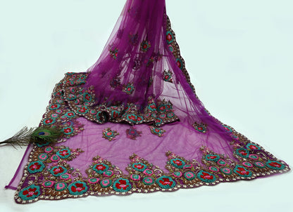 Indian Pre-Owned Sari Purple Net/Mesh Hand Embroidered Designer Manish Malhotra Sarees 6Yd Ethnic Zardozi/Dabka Zari Wedding Saree